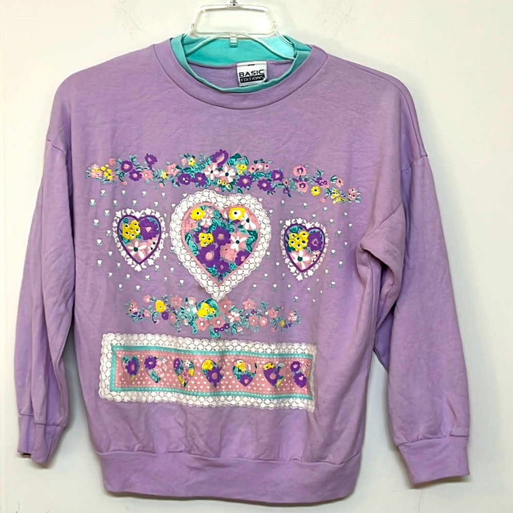 🌞 Basic Editions vtg 2 in one sweatshirt turquoise & purple crew neck women M